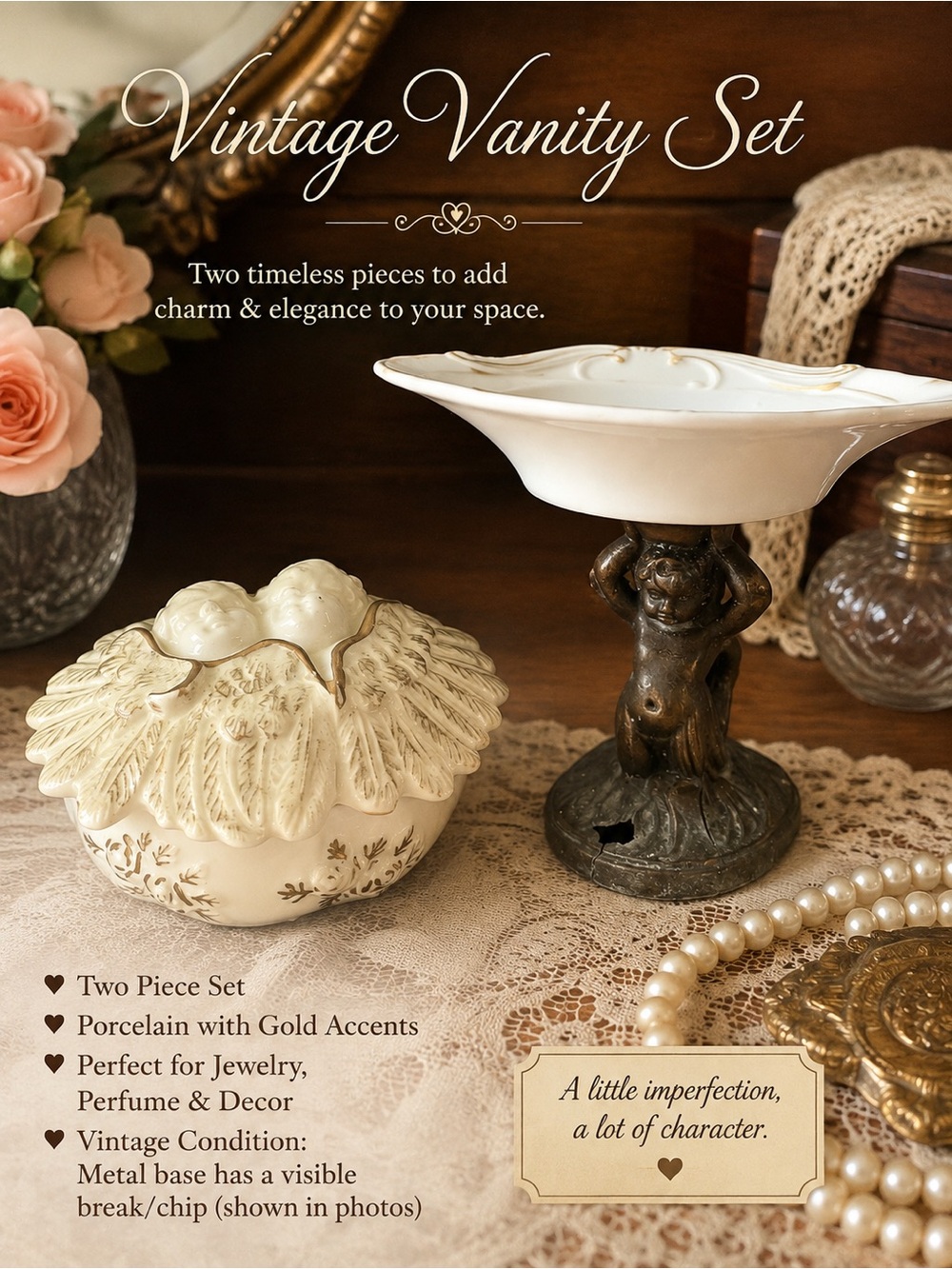 Cream Porcelain Vanity Set with Gold Accents - Vintage Style